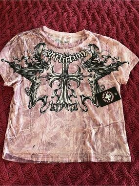 Affliction Pink Graphic Tee with Black & Silver Cross Design